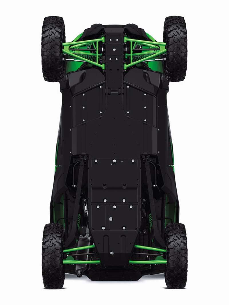 The entire bottom of the Kawasaki Teryx KRX 1000 is covered with skid plates and about 80% of those are steel. This adds to the durability of the KRX 1000 but also likely contributes to it being heavier than all of the competitive models.