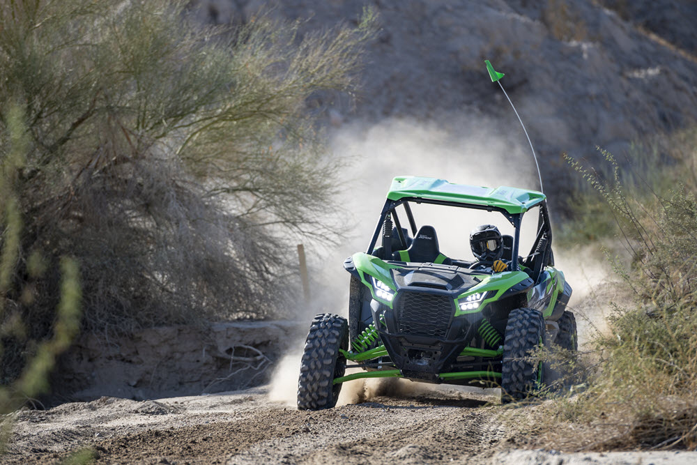 Kawasaki created an excellent test course in the desert near Palm Springs, California to provide the media and dealers an opportunity to drive the KRX 1000. It included some rocky hills and fast sand washes like this to get a feel for its high-speed capabilities. 